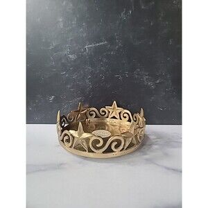 Round Brass Stars and Scrolls Pillar Candleholder Vintage Home Decor